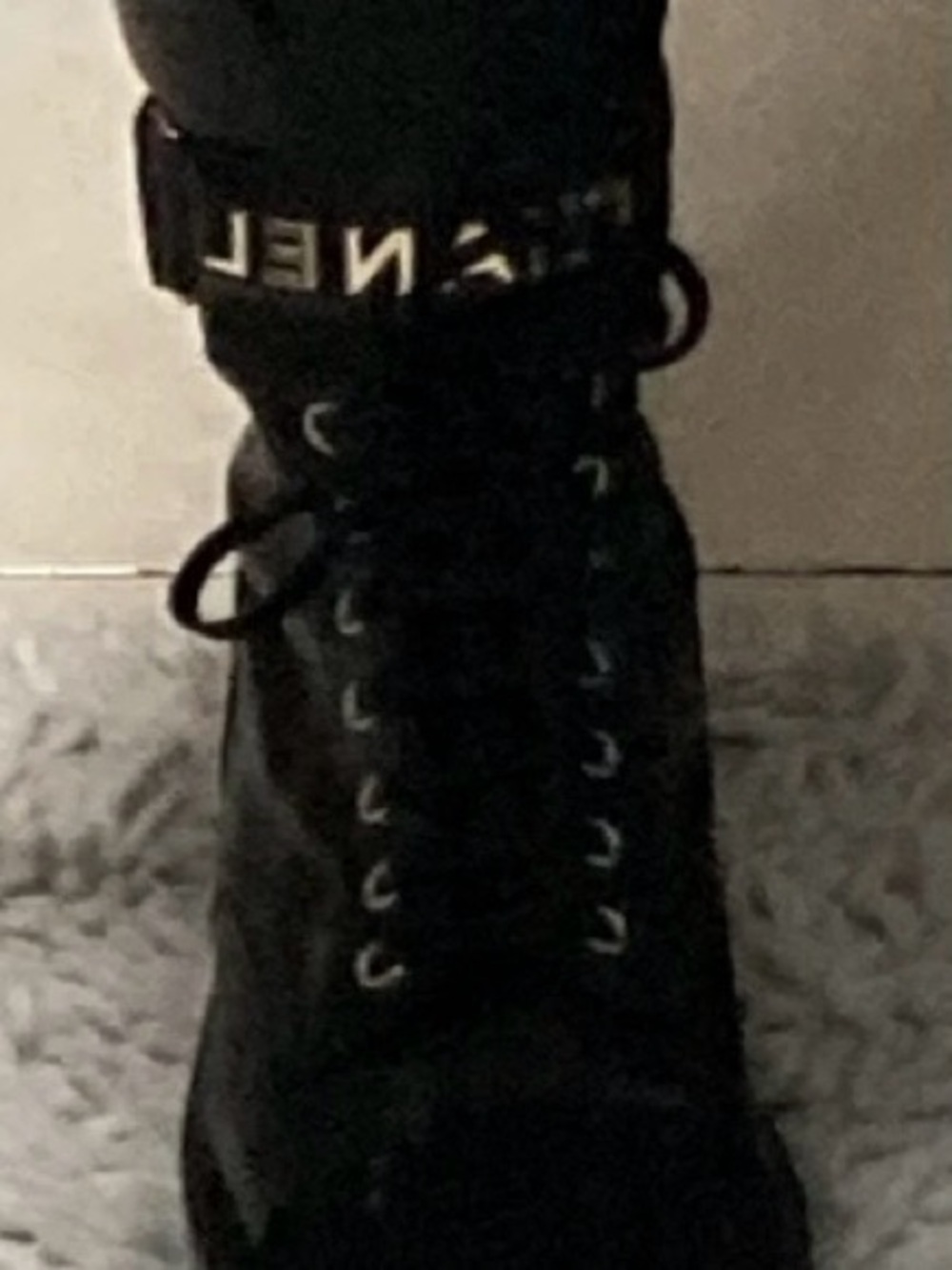 CHANEL Black Lace-Up Ankle Boot with Branded Strap